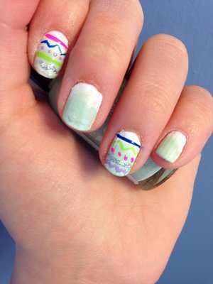 Here are my Easter Nails.  I used a mint green and white nail polish for the ombre affect.  I also did an Aztec type print on my pointer and ring finger.