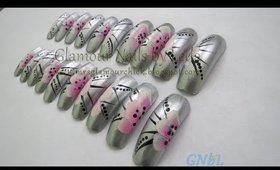 GNbL-Silver Nails with White and Pink Flowers