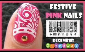FESTIVE PINK NAILS AND DECEMBER GIVEAWAYS | MELINEY STAMPING NAIL ART DESIGN TUTORIAL