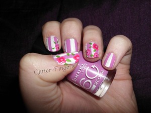 Pink and white stripes, with little flowers. The colours I used are: Rimmel ‘Lucky Lilac’ NYC Color ‘Casper’ BYS ‘Scented Bright Pink’ Rubi ‘It’s getting hot in here’ OPI ‘Green-wich Village