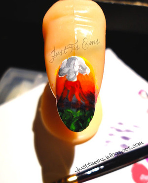 As I was going for a tropical Hawaiian theme, I knew I wanted to incorporate a volcano some how.  I was inspired from a Discovery Channel film I saw.  http://justtisems.blogspot.com/2012/08/nails-done-aloha-oe-aloha-oe.html
