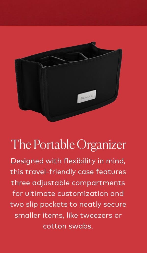Designed with flexibility in mind, this travel-friendly case features three adjustable compartments for ultimate customization and two slip pockets to neatly secure smaller items, like tweezers or cotton swabs. Shop Sonia G.'s The Portable Organizer at Beautylish.com
