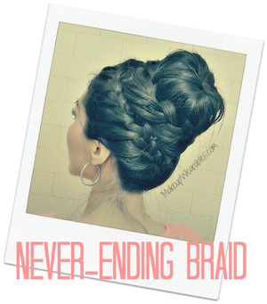 http://makeupwearables.com/2013/01/how-to-never-ending-french-braid-sock.html 

(REQUESTED LOOK) In this week's easy, step-by-step, hairstyles and updos hair tutorial video, I'm going to show you how to do the Never-Ending, French Braid/Plait Sock Bun hairstyle, on your own hair, for medium, long hair.  

(If the link doesn't work, go to MakeupWearables.Com, for this week - 1/25/13, the tutorial should be on the main page. <3 ) 