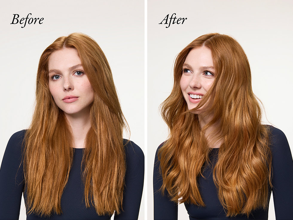 Oribe model before & after using the Mirror Rinse Glass Hair Treatment