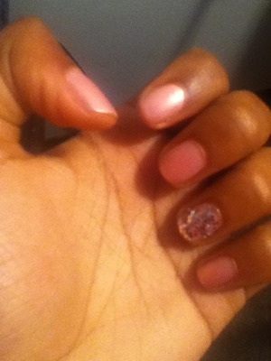 Essie's light pink nail polish and glitter on ring nail!! Gonna add some designs?!
