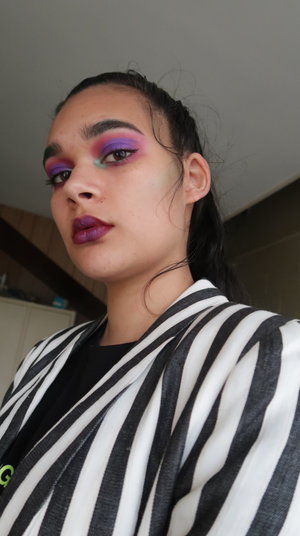 Makeup Used:
Base -  I'm not wearing base makeup
Brows - Colourpop Precision Brow Pencil in Bangin' Brunette
Eyes - Juvia's Place Masquerade and Douce palettes & black felt tip eyeliner
Lips - Colourpop Lux Lip in Scorpio Moon with purple shadow from Masquerade palette patted over the top.