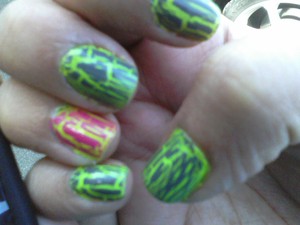 Neon green with grey and pink crackle.