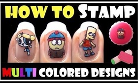 HOW TO STAMP MULTI COLORED DESIGNS | KONAD STAMPING NAIL ART TUTORIAL CARTOON EASY