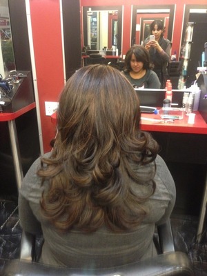 Dark brown base and caramel colored highlights. 