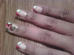 Red & White french manicure with red flower