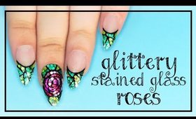 Glittery Stained Glass Roses nail art