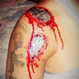 Silver, black cream makeup
Blood gel and fake blood