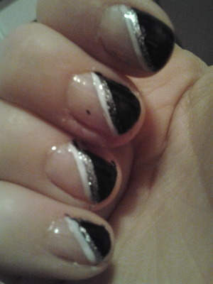 Black french mani with white and glitter stripe