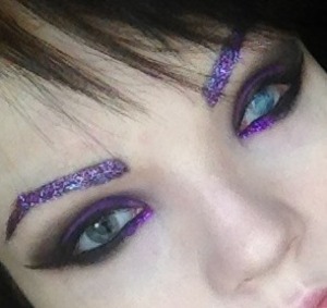 GLITTER EYEBROWS, purple is my favorite color! Yes, that's my real eye. I'm blind in my left eye. 