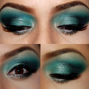 -primed and applied eyeshadow base
-applied white crayon on lid and blended out into crease
then packed turquoise eyeshadow on lid
-Mixed together forest green and teal eyeshadow and applied on crese  blending with eyelid color in windshieldwiper motion eliminating harsh lines
-mixed  very light baby blue eyeshadow and pearl white minerals and applied on highlight blending with crease color
-Used matte black from BH palette on outer v and blended in and up eliminating harsh lines
-applied kohl black eyeliner in upper waterline line and outer lower waterline.
-I used white liner in inner lower waterline
-For tear duct I used pearl white  and also used it for the  inner lashline and a mixture of turquoise and black on outer lashline
-applied liquid liner to obtain flare
-curled and applied mascara on lashes
-I used shimmer (ULTA top coat gliter) on center of lid using glitter glue gel
-applied falsies
-concealed under eye and applied highlight on cheekbones and sealed with mineral foundation
