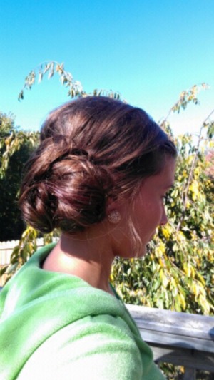 I wore an updo and it's so simple and beautiful! A high, dramatic poof, side bun, and my bangs in a french braid.