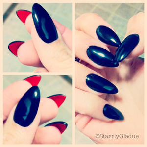 Black stiletto tips with red-bottoms, done by Tram at Nails 2001 in Edmonton <3