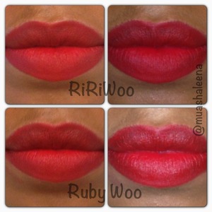 The top row is RiRiWoo . The left side is no flash, right side is with flash. 

Bottom row is Ruby Woo. The left side is no flash, right side is with flash.

RiRi Woo is definitely darker and more blue tones than Ruby Woo! I love them both! 

Follow me on Instagram to see more makeup pics! www.instagram.com/muashaleena