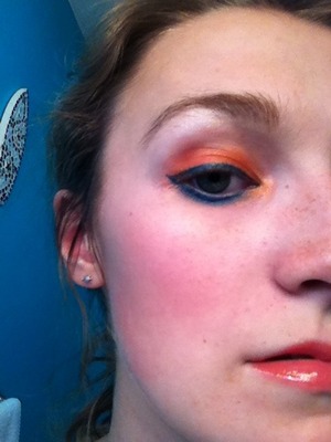 I used an orange color on my outer lid, then a bronze on my inner lid and blended into the orange, and used it in the crease. I used a medium blue on my lower lash line, then used and aqua liquid liner from sephora (Doe Eyed) on both my top and bottom lash line. And then I used a Nars lipgloss in Wonder.