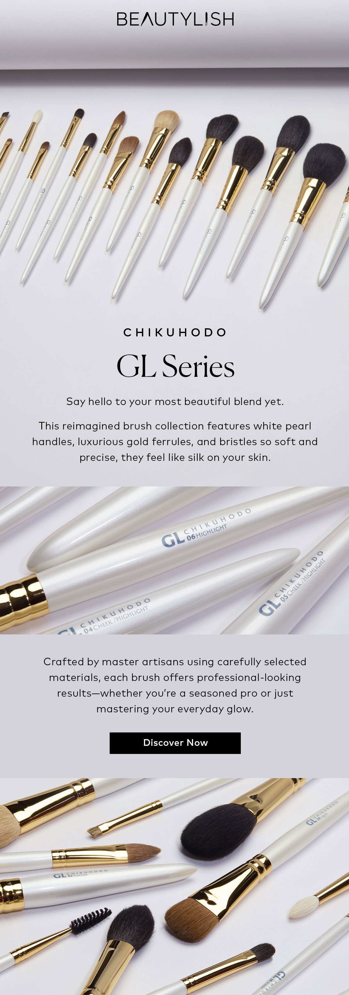 This reimagined brush collection features white pearl handles, luxurious gold ferrules, and bristles so soft and precise, they feel like silk on your skin. Shop the CHIKUHODO GL Series on Beautylish.com