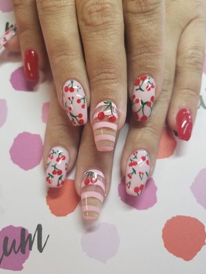 (my work) cherry themed nail art and acrylics. #saucecnailz 