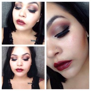 Smokey red and black eye with dark lip. I'd normally wear a nude lip btw just trying colors out :)