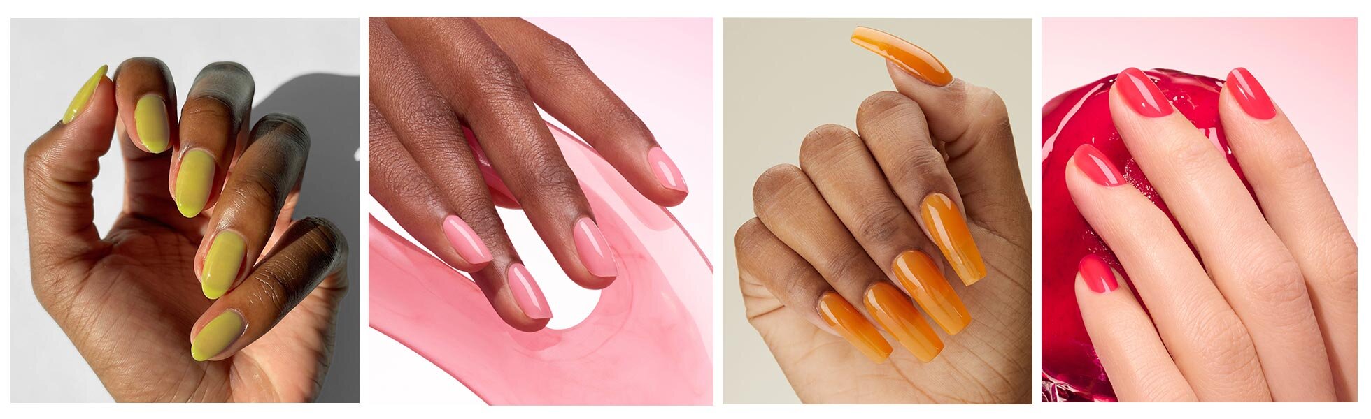 L-R: Cirque Colors Citron Jelly, Manucurist Pink Sorbet, Cirque Colors Saffron Jelly, Manucurist Pomme d’Amour Jelly Nail Polishes.