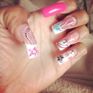 Flowers, lines, hearts, dots, crystals, solid nail... This nail design has it all!! 