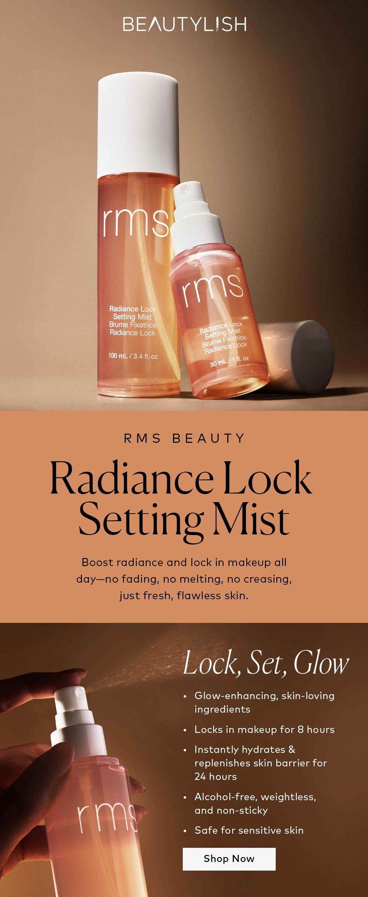 Boost radiance and lock in makeup all day—no fading, no melting, no creasing, just fresh, flawless skin. Shop the rms beauty Radiance Lock Setting Mist at Beautylish.com