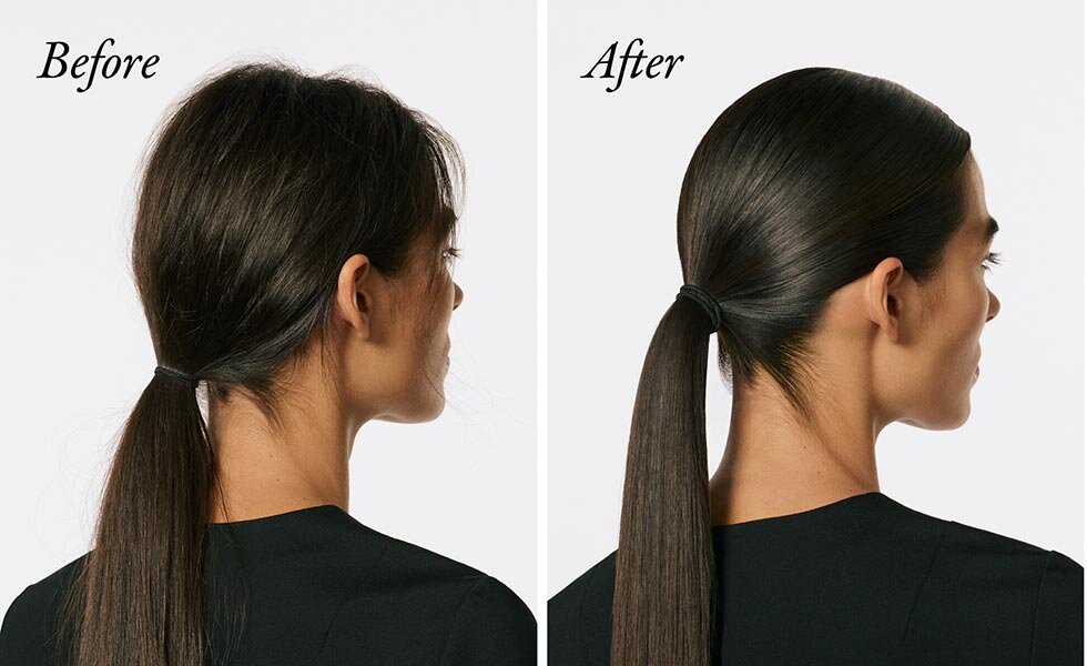 Model before and after using Oribe Supershine Smoothing Wax Stick