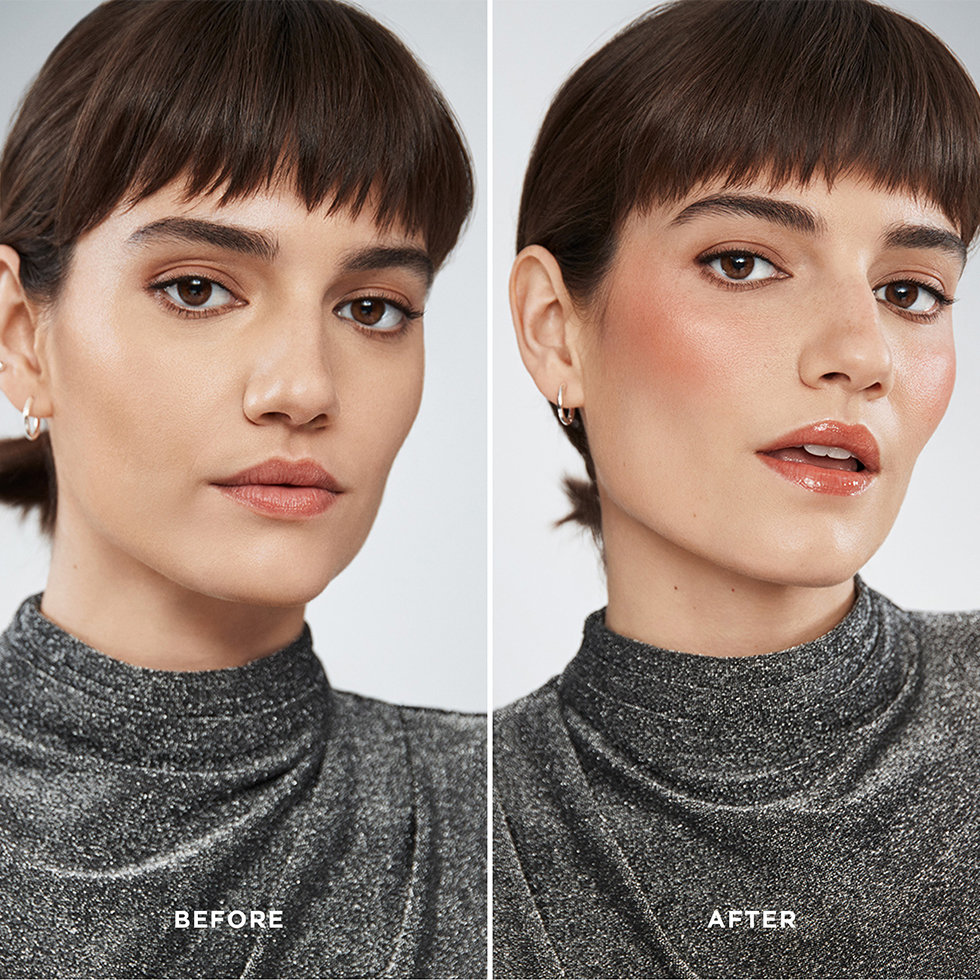 Hourglass model before and after wearing the Ambient Lighting Edit Unlocked Evil Eye palette