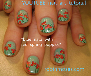 blue nails with red poppies