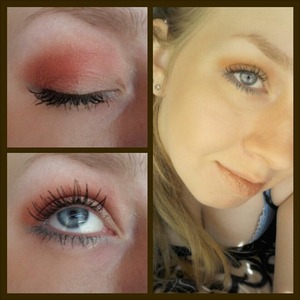 Red and orange on the lid, blue along the bottom, and bronzer.with nude lips for a sunny look
