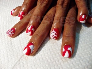 Festive nails for the Holidays -- Peppermint Swirl with Snowflake Accent :)