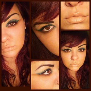 Nude lips/brown bronze under the eyes/aqua green eyes shadow /black eyeliner /boosting mascara 