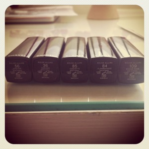 These are all my chanel lipsticks:

36. Darling
56. Exquise
84. Coquette
85. Flamboyante
109. Rouge Noir