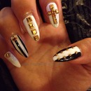 White, black, gold stud nails 