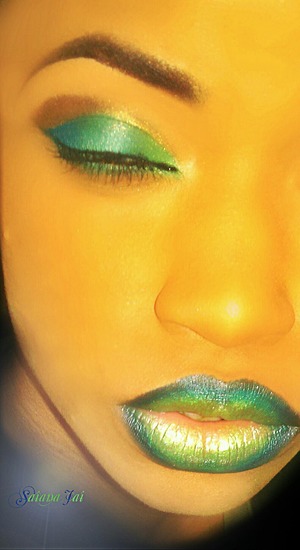 Gradient Eye-shadow & Lipstick (Lime, Turquoise, Electric Blue) w/ a hint of gold & bronze in the lid crease.