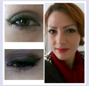 brownish pink smokey eye with winged green liner and red lipstick.
