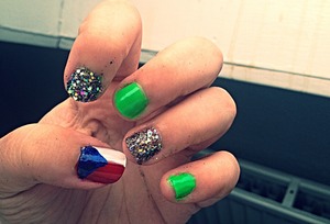 I made a Czech flag on my thumb, and then I putted a neon green on to of my fingers and glitter on the rest to