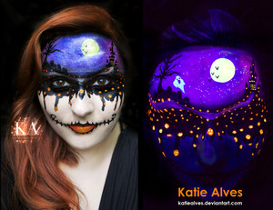 Of course I'd be using my black light makeup for a Halloween look! That's the best time to use it! 
I've got a scene on my forehead with a haunted castle, a big moon with some bats, a tree with grave stones below, a hidden ghost that only shows up under black light and a big field of pumpkins, faces included (on some). Let me know what you guys want to see next and hopefully I'll have some Halloween tutorials coming soon! Yay! 
