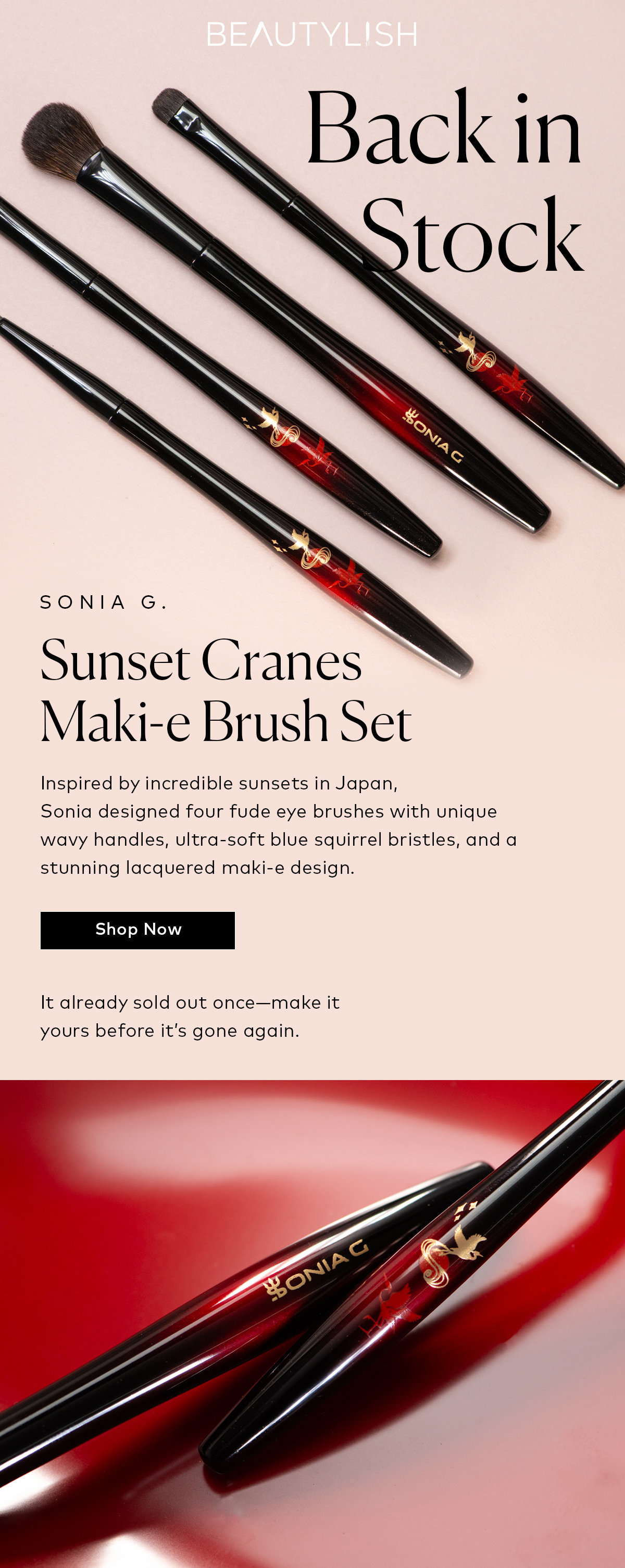 Sonia G.’s Sunset Cranes Maki-e Brush Set is back in stock at Beautylish.com