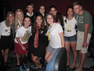 Deathly Hallows Part Two Midnight Premiere! I am front row on the left in my mom's skirt and my custom converse and my Hogwarts shirt! I represented Gryffindor and Ravenclaw with my nails being painted the house colors. One of the best nights, ever.