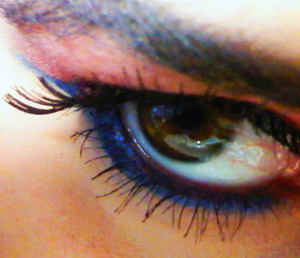 Fuxia eyeshadow: Mac Pigment, brash & bold 
Blue eyeshadow: KIKO Milano,#165 pearl blue 
Black Kajal: KIKO Milano, Pigmented kajal - limited edition 
Fake Lashes: Elf, dramatic lashes
