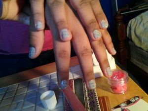 Gray base, dip in alcohol for 30 seconds, hold newspaper over nail for 30 seconds, finish with top coat.