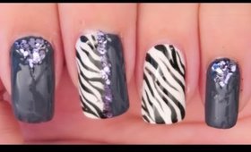 Black Glitter & Zebra nail art