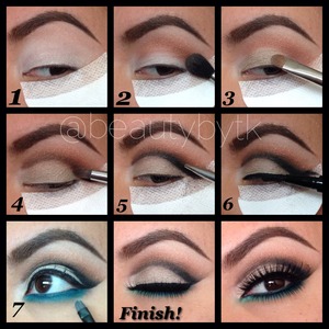 Instagram beautybytk 
1⃣ Protect under eye mess with @shadowshields / Apply @nyxcosmetics milk on eyelid and blend up to crease / crease is @chellabrows 
2⃣ Blend crease with gold color on bottom left of palette
3⃣ Pat lightest color of palette on lid
5⃣ With a smudge brush, apply dark brown color into crease blending with gold
6⃣ Using an angle brush, apply @concreteminerals in jet promatte to darken the dark brown color and define the cut crease
7⃣ Apply @sephora teal liner and smudge teal eyeshadow at outer bottom and @concreteminerals gossip at bottom inner corner 
Complete look with @nyxcosmetics black felt tip pen and @houseoflashes "noisy fairy" on too and @model21lashes 12 lashes at bottom 
