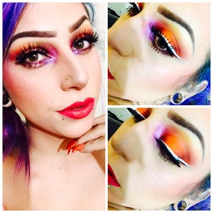 Kryolan UV Aquacolor in Orange as base Bhcosmetics 120 pallete used bright orange for lid. red for outer and inner crease then lightly used black to darkin up those colors. I did the same to my bottom lash line I then blended a neutral yellow up to my brow bone and the same yellow to my lower lash line  I used jesse's girl peekaboo and Mac Helium as my inner corner highlight  Prestige liquid liner in white and black  Eyelure lashes #202  Kat Von D Everlasting liquid lipstick in Bachelorette  Kat Von d contour pallete Nars Taos and unlawful blush  Becca highlight in opal  