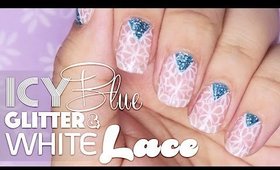 Icy Blue Glitter & White Lace nail art