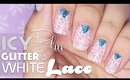 Icy Blue Glitter & White Lace nail art